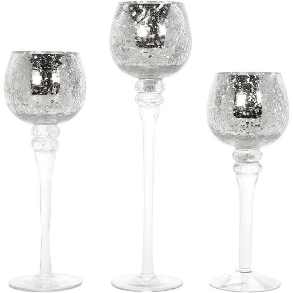 Set of 3 Crackle Metallic Glass Tealight Holders - 12 Inch, 10 Inch,9 Inch Ideal - Picture 1 of 7